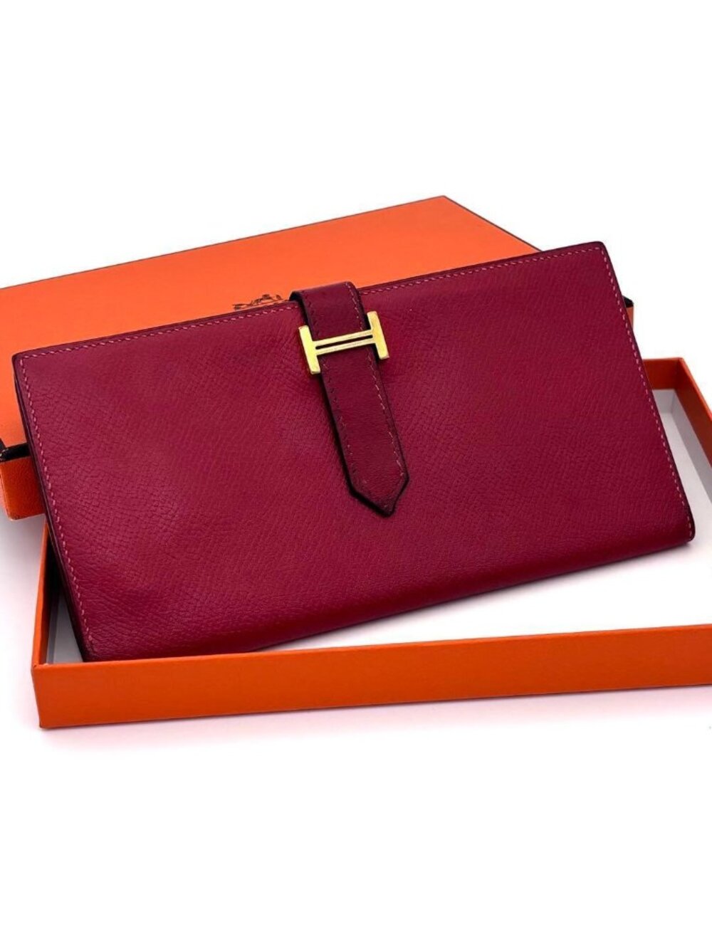Hermes Bearn Soufflet Red Fold Wallet Bifold Leather